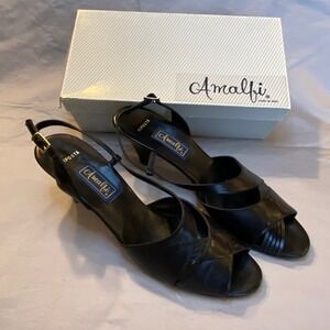 Amalfi Black Leather Italian Sling Back Dress Heels Size 12SS by Rangoni Riposta